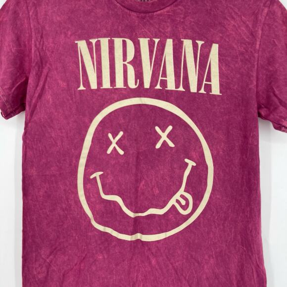 Officially Licensed Nirvana Nevermind Smiley Grunge Tee Magenta Acid Wash Small - Picture 4 of 5
